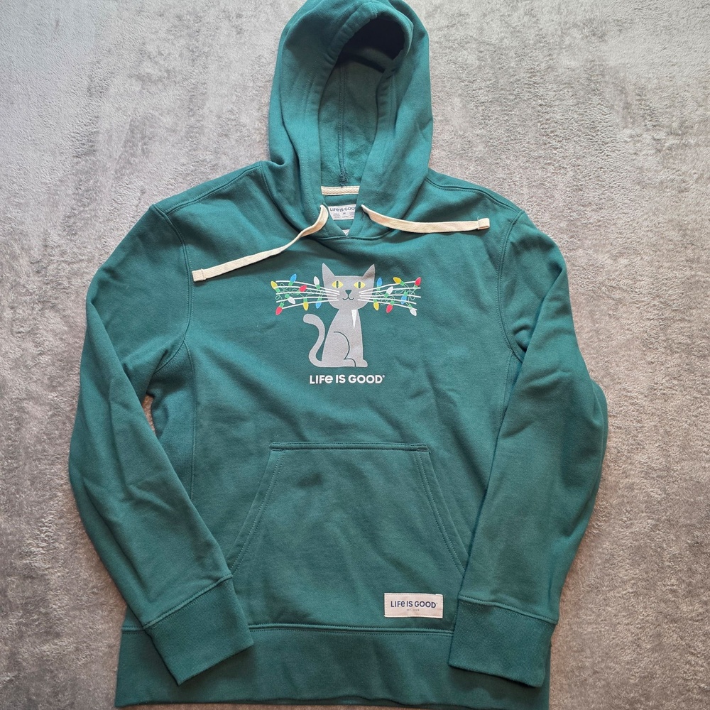 Life Is Good Hoodie Womens M Green Pullover Cat Christmas Graphic Sweatshirt